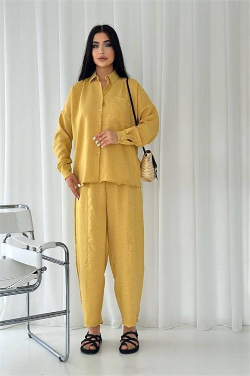 Dipmoda kadın cep detaylı alt üst keten takım DPNBTG7073