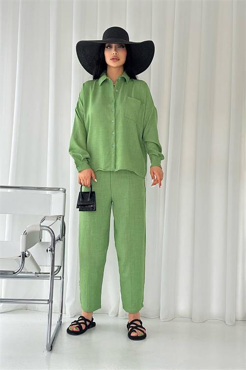 Dipmoda kadın cep detaylı alt üst keten takım DPNBTG7073