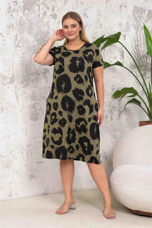 Dipmoda kadın cepli haki yeşili büyük beden elbise DPNBA039