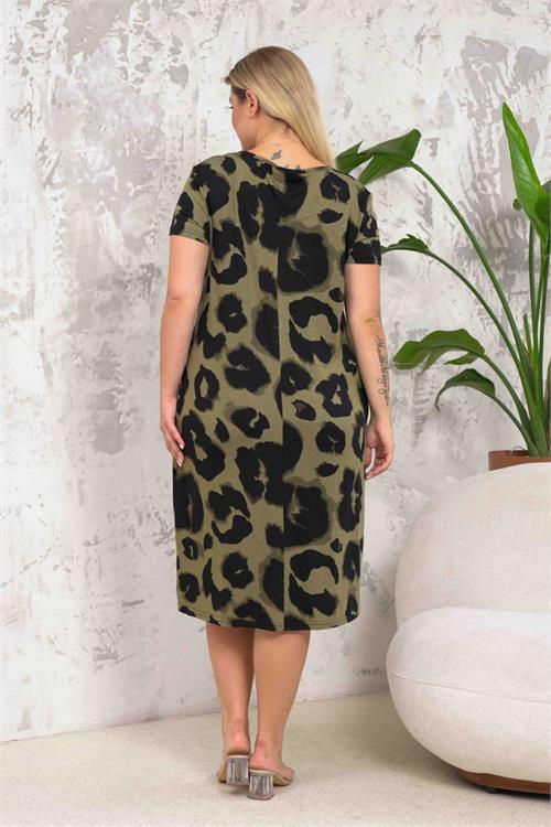 Dipmoda kadın cepli haki yeşili büyük beden elbise DPNBA039