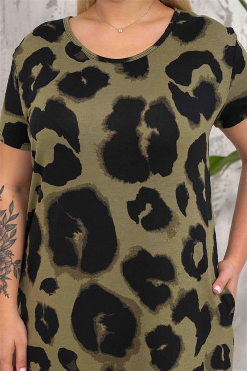 Dipmoda kadın cepli haki yeşili büyük beden elbise DPNBA039