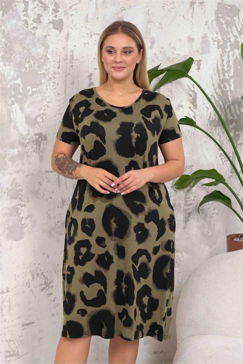 Dipmoda kadın cepli haki yeşili büyük beden elbise DPNBA039