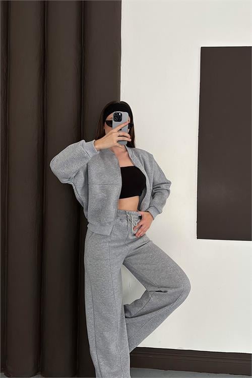 Dipmoda kadın cepli içi polarlı 3 iplik eşofman takımı RYHS001