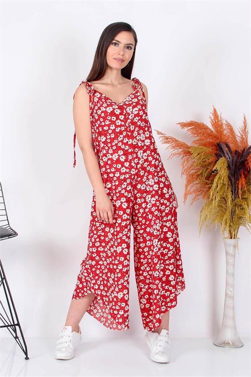 Dipmoda kadın çiçek desenli bağlamalı geniş kesim tulum RY8074