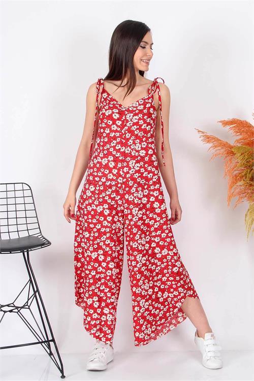 Dipmoda kadın çiçek desenli bağlamalı geniş kesim tulum RY8074