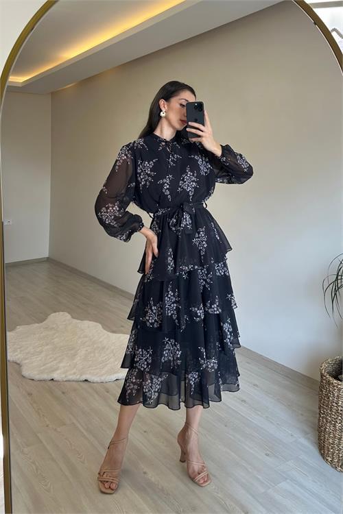 Dipmoda kadın çiçek desenli kat kat volanlı şifon elbise NM014