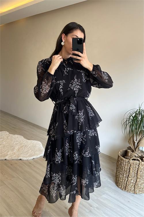 Dipmoda kadın çiçek desenli kat kat volanlı şifon elbise NM014