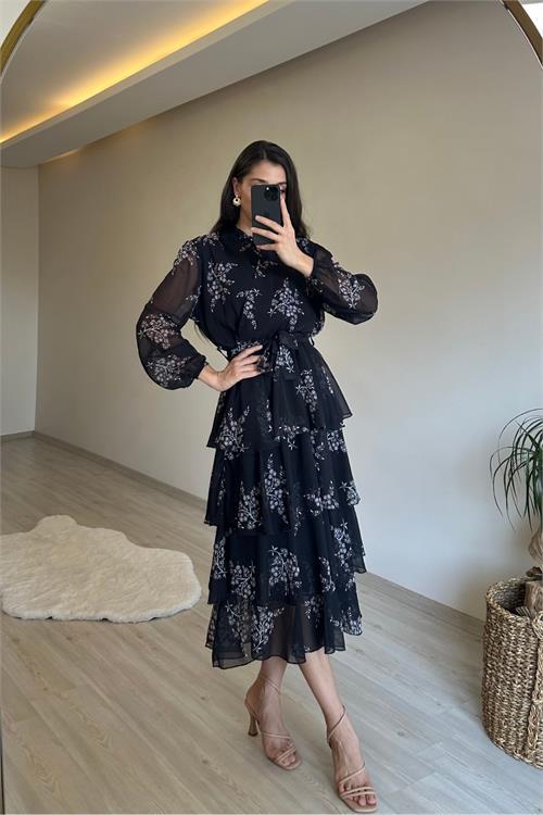 Dipmoda kadın çiçek desenli kat kat volanlı şifon elbise NM014