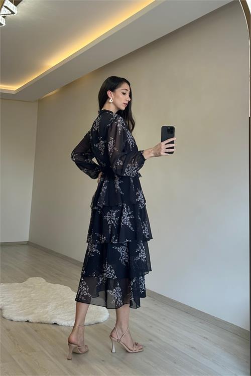 Dipmoda kadın çiçek desenli kat kat volanlı şifon elbise NM014