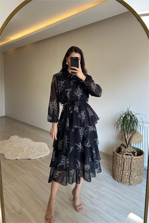 Dipmoda kadın çiçek desenli kat kat volanlı şifon elbise NM014