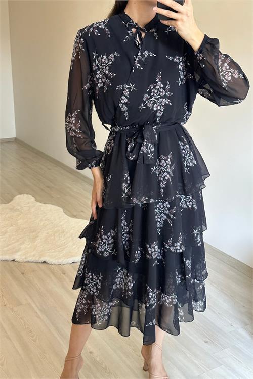 Dipmoda kadın çiçek desenli kat kat volanlı şifon elbise NM014