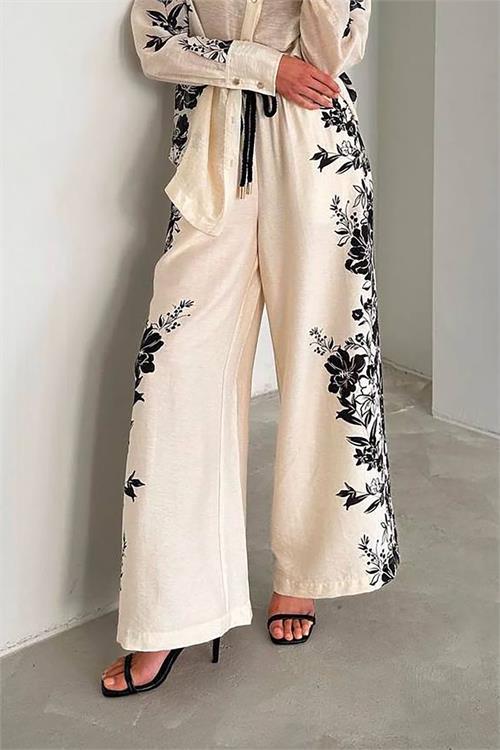 Dipmoda kadın çiçek desenli keten alt üst takım DPNBEMP2643