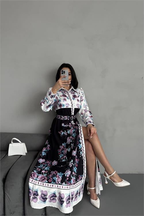 Dipmoda kadın çiçek desenli midi boy tasarım elbise DPMS25017