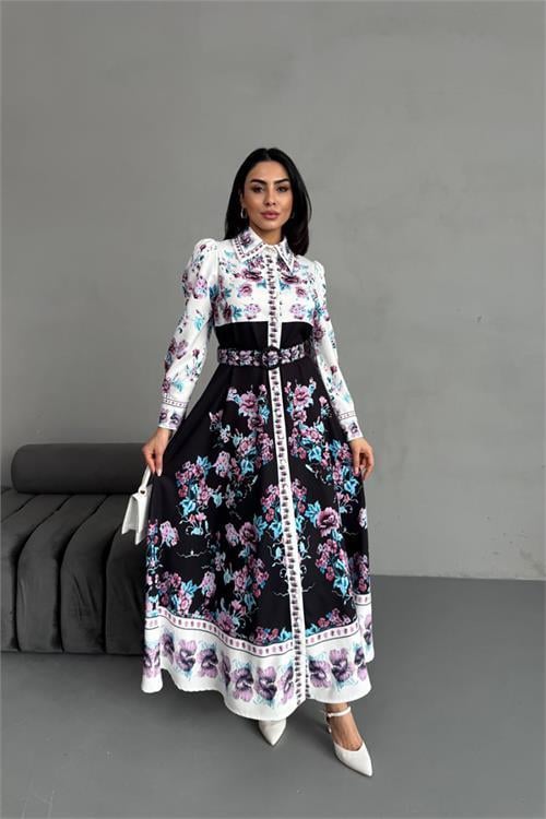 Dipmoda kadın çiçek desenli midi boy tasarım elbise DPMS25017