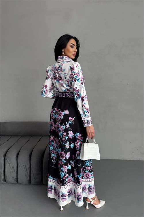 Dipmoda kadın çiçek desenli midi boy tasarım elbise DPMS25017