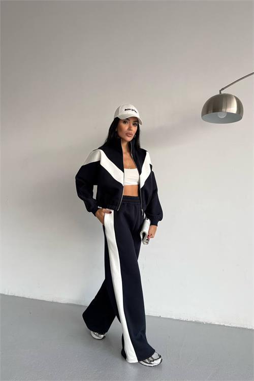 Dipmoda kadın çift renkli içi polarlı 3 iplik eşofman takımı DPG122