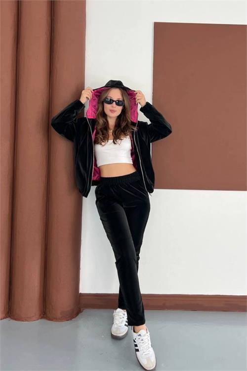 Dipmoda kadın çift renkli mum kumaş kapüşonlu eşofman takımı DPKD7551