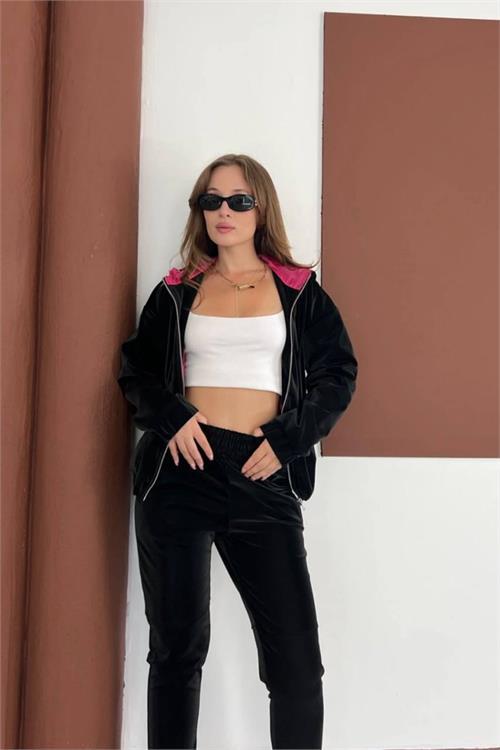 Dipmoda kadın çift renkli mum kumaş kapüşonlu eşofman takımı DPKD7551