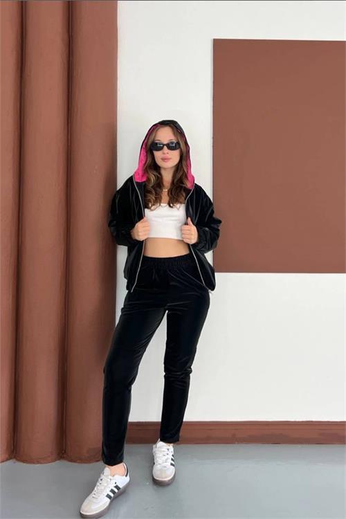 Dipmoda kadın çift renkli mum kumaş kapüşonlu eşofman takımı DPKD7551