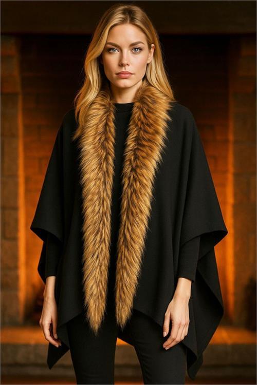 Dipmoda kadın çift renkli yaka kürklü siyah şal panço DPAKS049