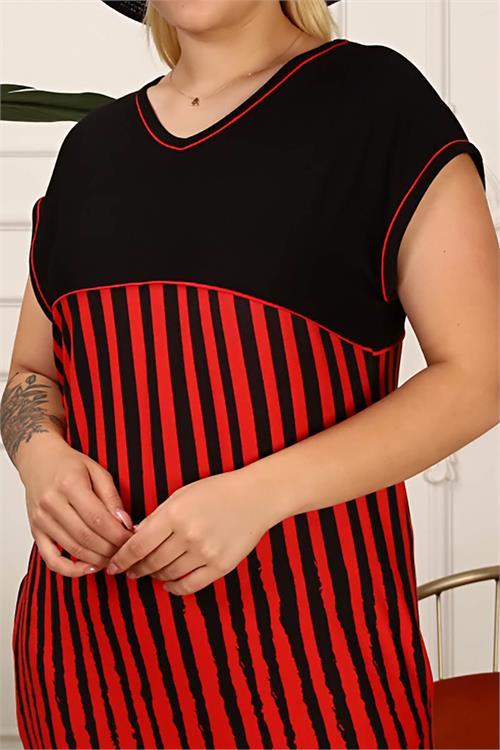 Dipmoda kadın çizgili büyük beden elbise AYSL54 - Bordo 
