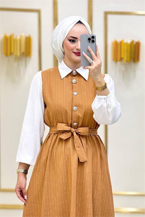 Dipmoda kadın çizgili gömlek yaka tesettür elbise NMS012 