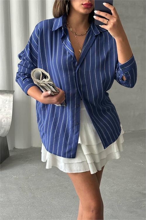 Dipmoda kadın çizgili oversize likralı gömlek DPNBG075