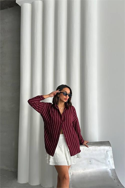 Dipmoda kadın çizgili oversize likralı gömlek DPNBG075