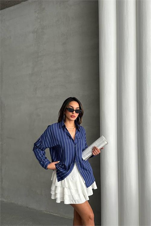 Dipmoda kadın çizgili oversize likralı gömlek DPNBG075