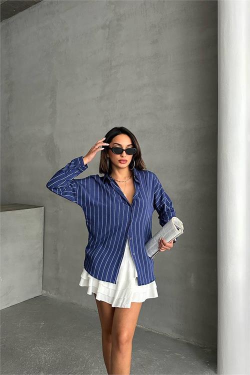 Dipmoda kadın çizgili oversize likralı gömlek DPNBG075