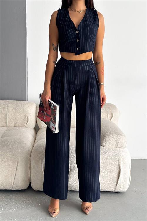 Dipmoda kadın çizgili yelek pantolon takım DPNBKKLF2006 - Lacivert