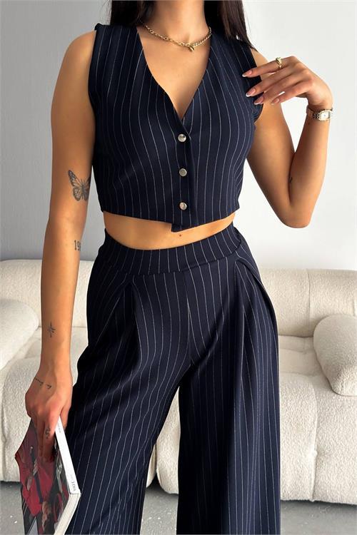 Dipmoda kadın çizgili yelek pantolon takım DPNBKKLF2006 - Lacivert