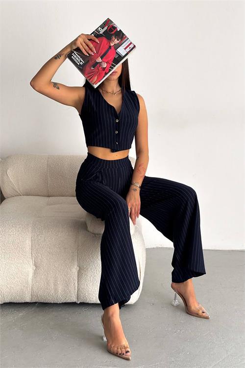 Dipmoda kadın çizgili yelek pantolon takım DPNBKKLF2006 - Lacivert