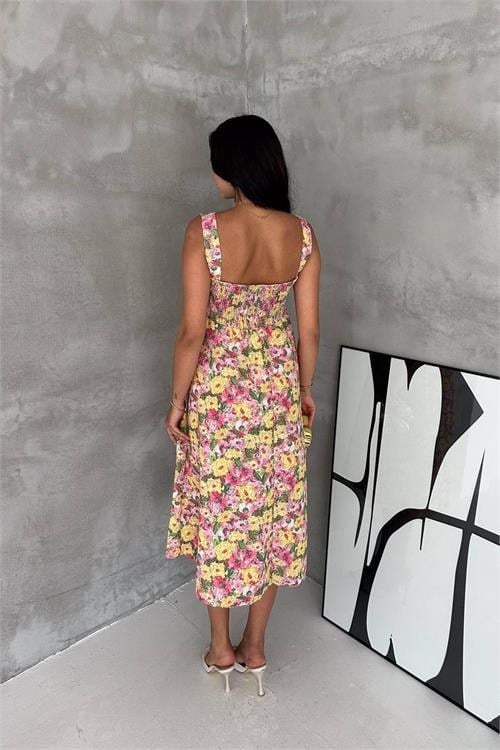 Dipmoda kadın çok renkli kare yaka çiçek desenli kolsuz beli oturan midi elbise DPK4670