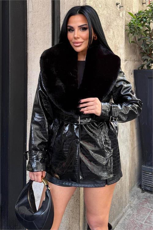 Dipmoda kadın croco deri kemerli yaka kürklü kısa kaban DPSTR1038