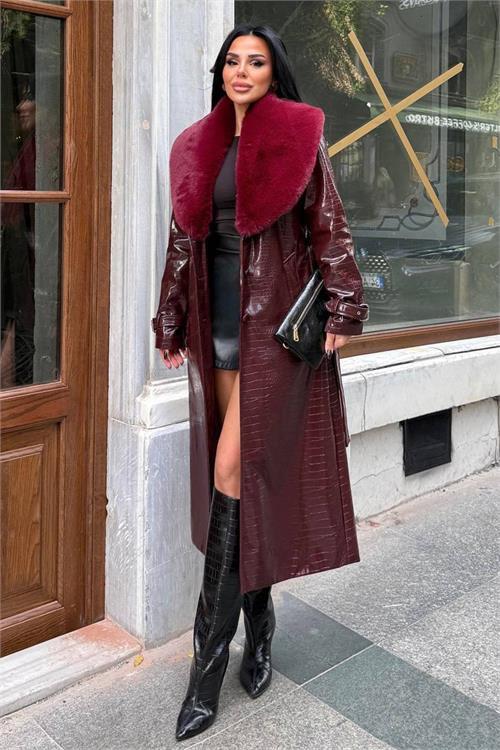 Dipmoda kadın croco deri yaka çıkarılabilir kürk detaylı kemerli tam boy kaban DPSTR1040