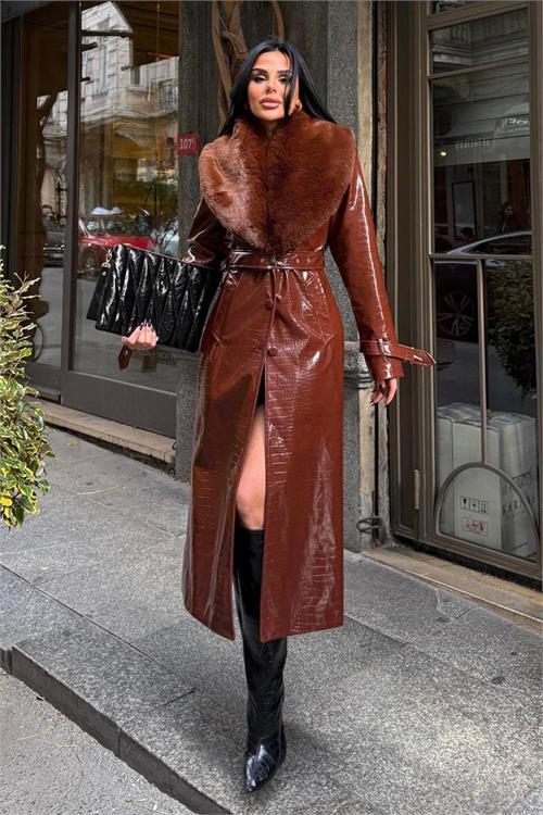 Dipmoda kadın croco deri yaka çıkarılabilir kürk detaylı kemerli tam boy kaban DPSTR1040