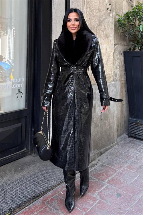 Dipmoda kadın croco deri yaka çıkarılabilir kürk detaylı kemerli tam boy kaban DPSTR1040