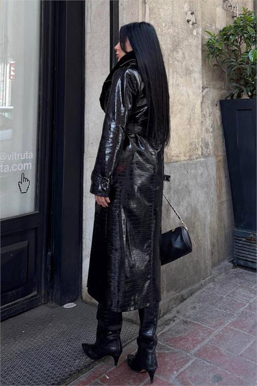 Dipmoda kadın croco deri yaka çıkarılabilir kürk detaylı kemerli tam boy kaban DPSTR1040