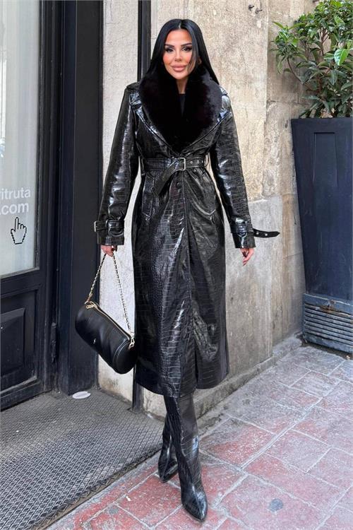 Dipmoda kadın croco deri yaka çıkarılabilir kürk detaylı kemerli tam boy kaban DPSTR1040