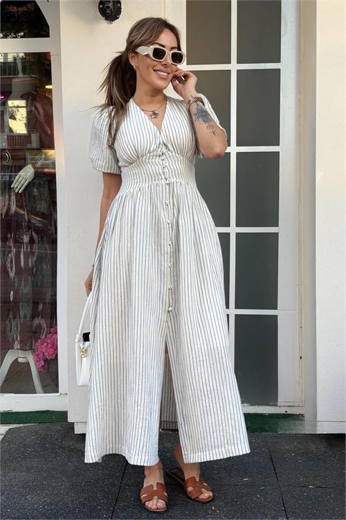 Dipmoda kadın çzigili düğmeli balon kol elbise DPNP008