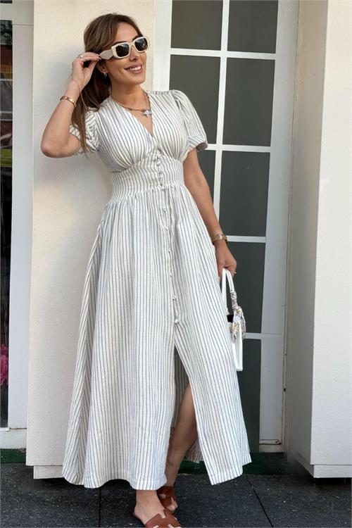 Dipmoda kadın çzigili düğmeli balon kol elbise DPNP008