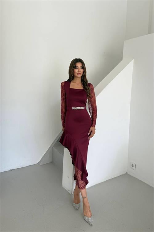 Dipmoda kadın dantel detaylı taş kemerli asimetrik abiye elbise DPNC2603