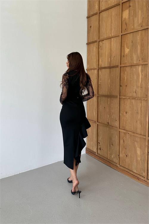 Dipmoda kadın dantel detaylı taş kemerli asimetrik abiye elbise DPNC2603