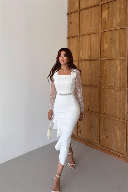 Dipmoda kadın dantel detaylı taş kemerli asimetrik abiye elbise DPNC2603