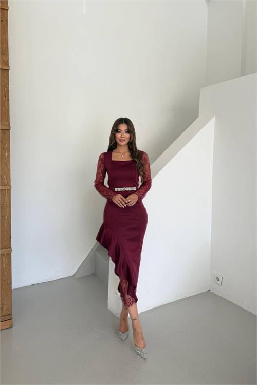 Dipmoda kadın dantel detaylı taş kemerli asimetrik abiye elbise DPNC2603