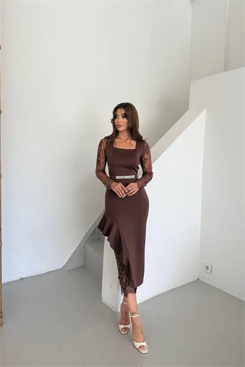 Dipmoda kadın dantel detaylı taş kemerli asimetrik abiye elbise DPNC2603