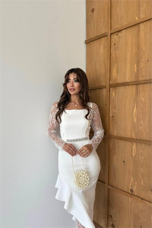 Dipmoda kadın dantel detaylı taş kemerli asimetrik abiye elbise DPNC2603