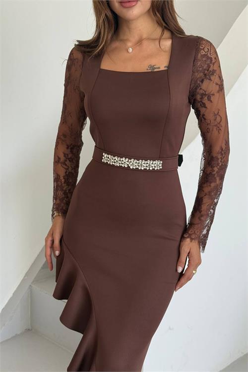 Dipmoda kadın dantel detaylı taş kemerli asimetrik abiye elbise DPNC2603