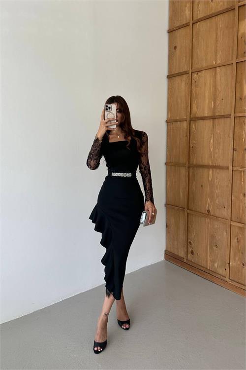 Dipmoda kadın dantel detaylı taş kemerli asimetrik abiye elbise DPNC2603